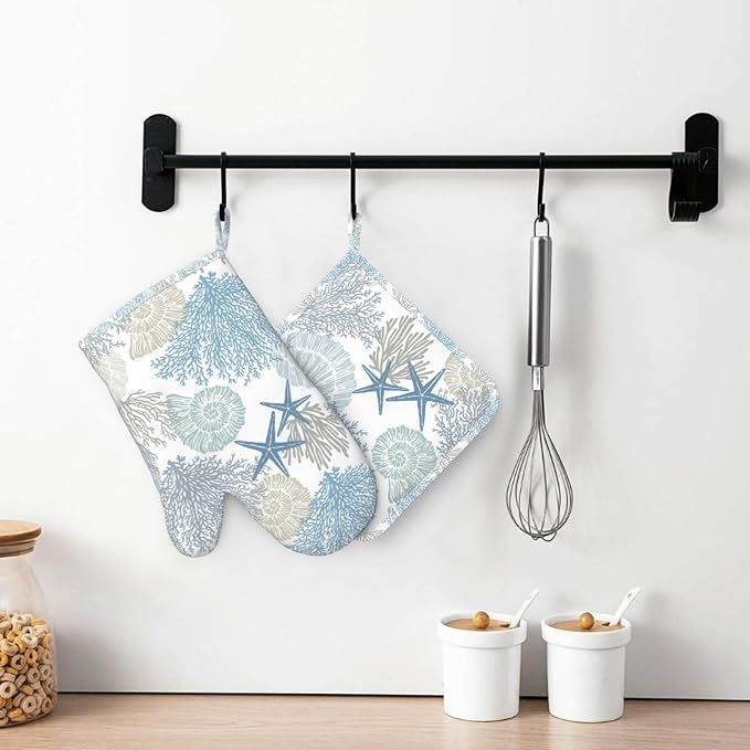 Nautical Coastal Oven Mitts and Pot Holders Sets Silicone Starfish Seashell - Image 7