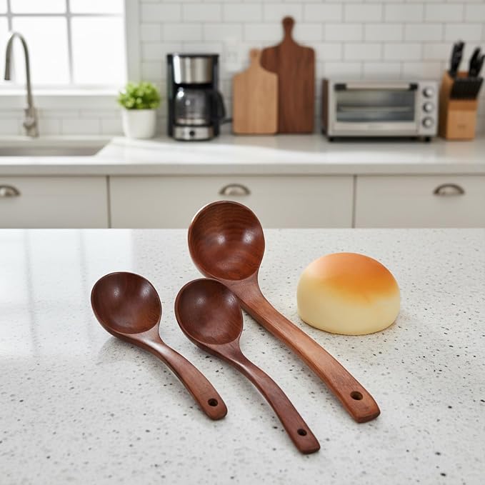 Wooden Ladle for Soup, Non-Stick Wooden Spoon Set, 3 Size Wood Ladle Spoon - Image 4