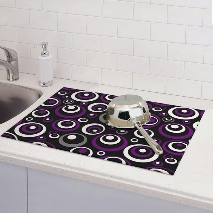 Purple Black White Geometric Circle Pattern Dish Drying Mat - Image 2
