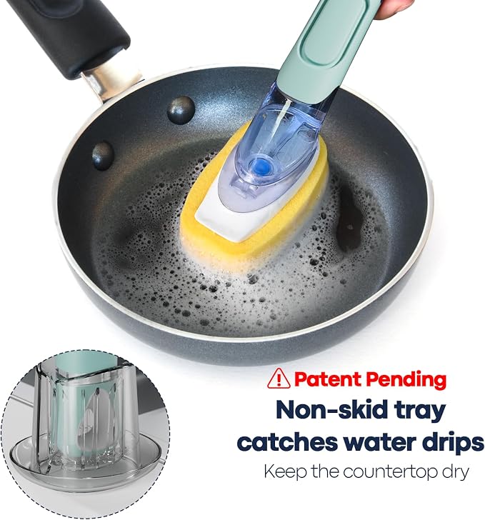 Dish Brush with Soap Dispenser Storage Set with 2 PCS Sponge Refills & Holder - Image 2