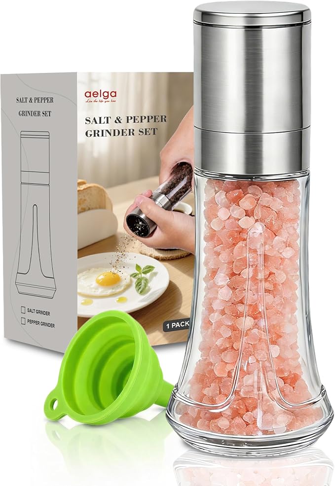 Aelga Salt Grinder with Silicone Funnel - 4oz Glass Manual Mills with by Aelga