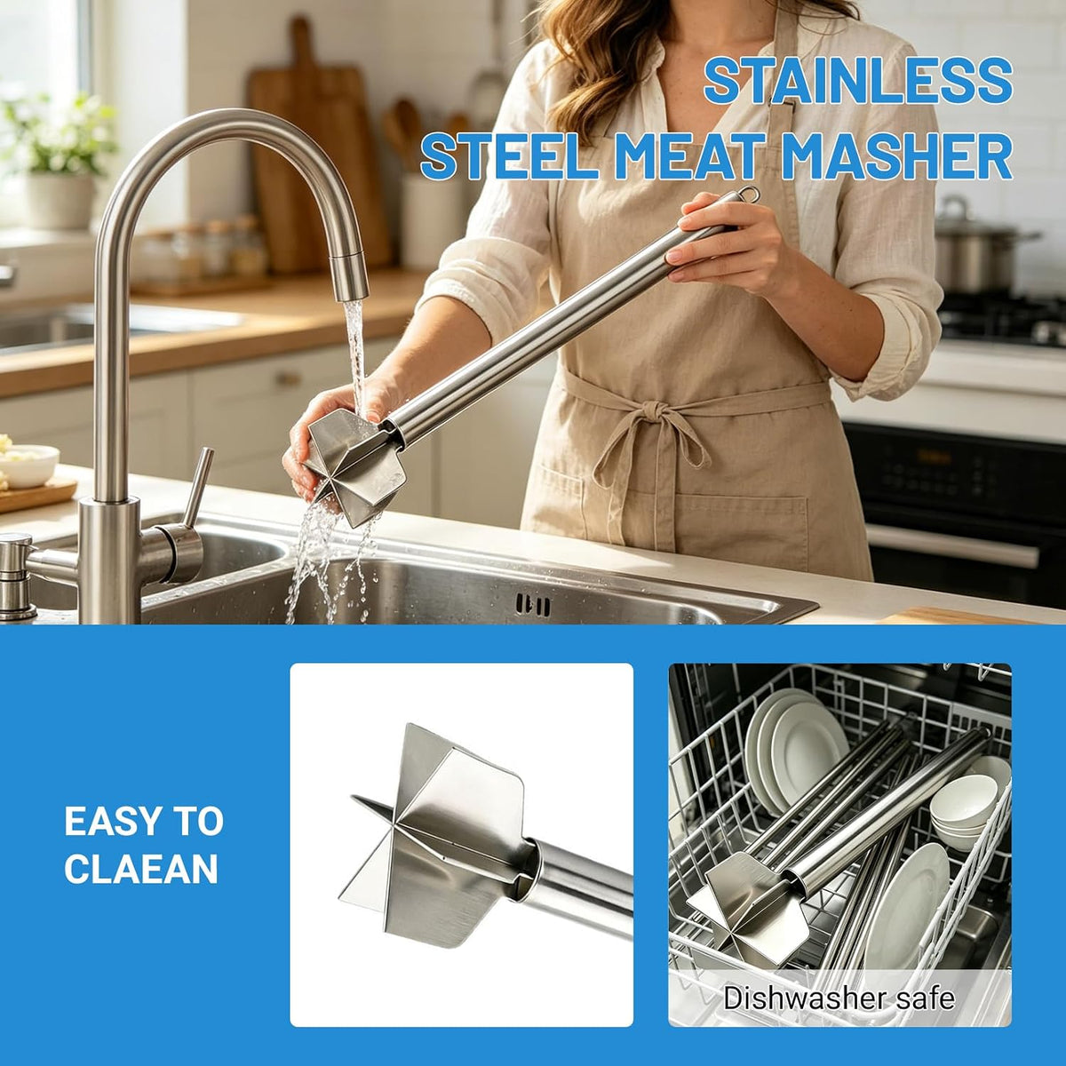 Meat Masher, 6 Blade Stainless Steel Ground Beef Chopper Tool, 8"