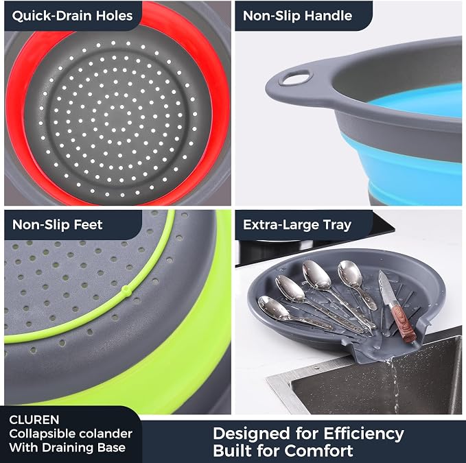 Collapsible Colander Set with Oversized Draining Tray | 3-Pack Foldable Kitchen - Image 6