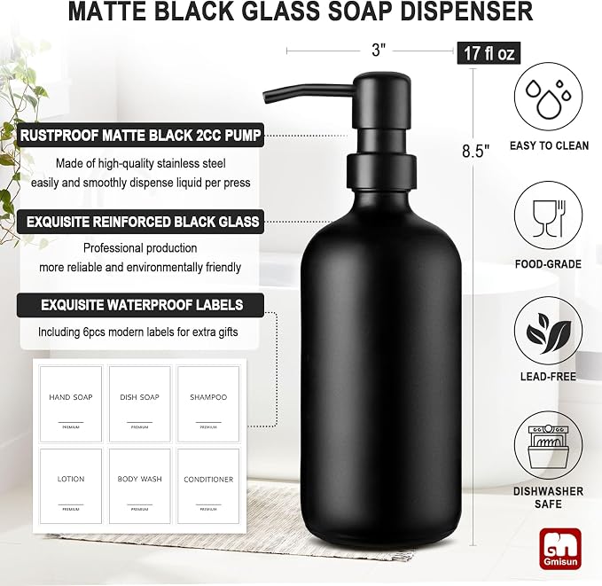 GMISUN Black Soap Dispenser, 2 Pack Matte Black Hand Soap Dispensers - Image 3