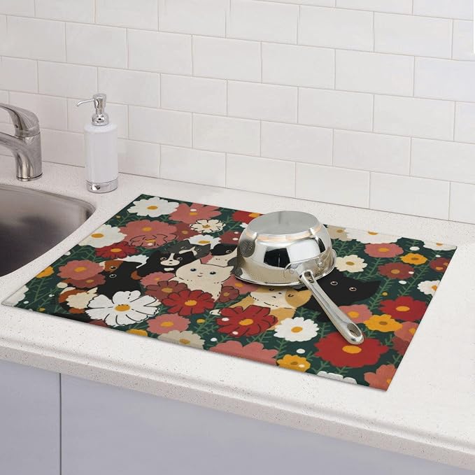 Cute Cat Flowers Dish Drying Mat 18x24 Inch, Microfiber Absorbent Fast Dry Mat - Image 6