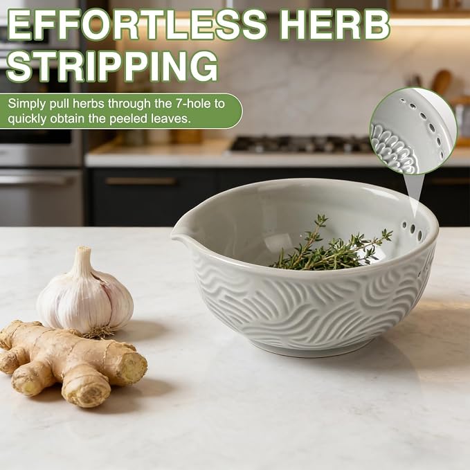Ceramic Grater Bowl with Herb Stripper, 3 in 1 Handmade Ginger Grater Bowl - Image 5