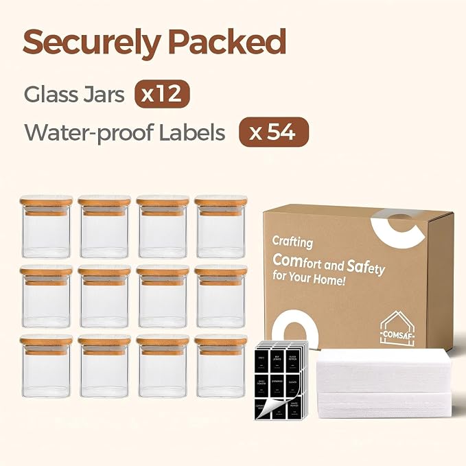 ComSaf 12Pcs Spice Jars with Labels, Glass Jar with Bamboo Lid, 4oz Airtight - Image 7