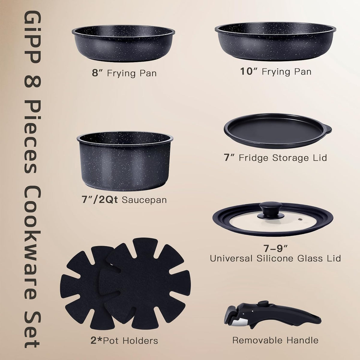 GiPP Ceramic Pots and Pans Nonstick Cookware Sets with Detachable