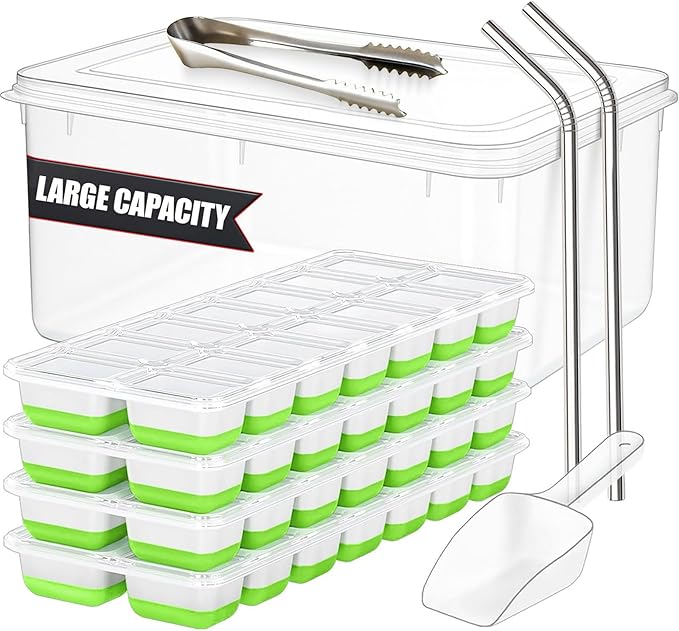 56pcs Ice Cube Tray with Lid and Bin – Stackable 4 Trays Plastic Silicone by CozyKitchenEssentials