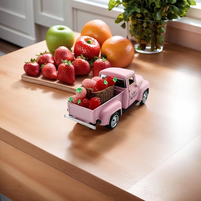 4.9″ Mini Vintage Strawberry Pink Metal Farm Truck Decor - Image 5