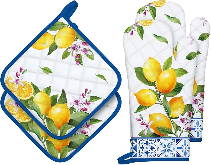 Summer Lemon Oven Mitts and Pot Holders Sets 4Pcs, 100% Cotton Heat Resistant by Arquiel