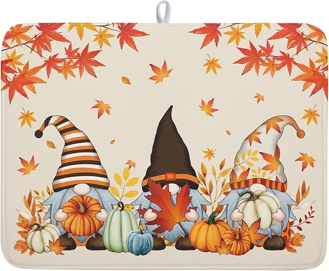 Fall Gnome Dish Drying Mat for Kitchen Counter Autumn Pumpkin Maple Leaves by Kawani