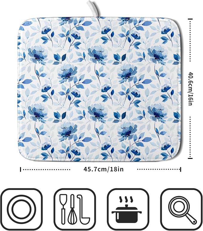 Blue Floral Dish Drying Mat 16x18 inch Flower Leaves Dish Rack Pad Microfiber - Image 2