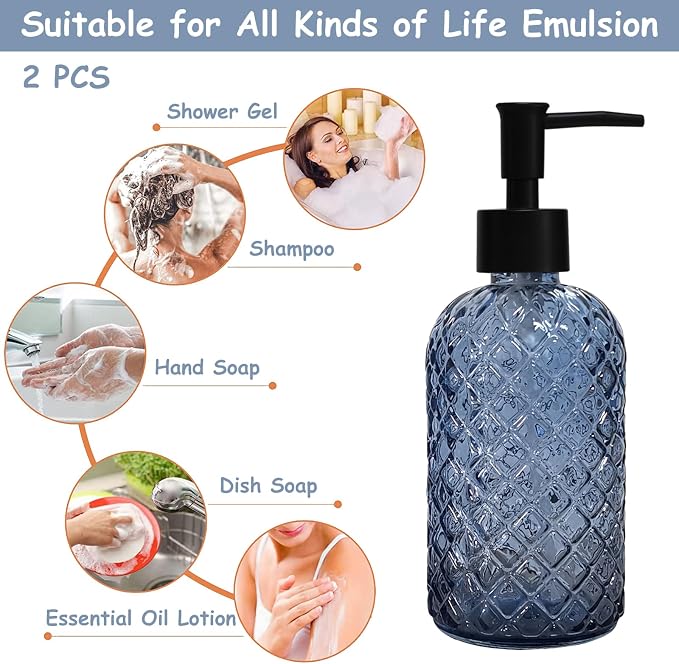 Blue Glass Dish Soap Dispenser for Kitchen, 12oz Refillable Liquid Hand Soap - Image 4