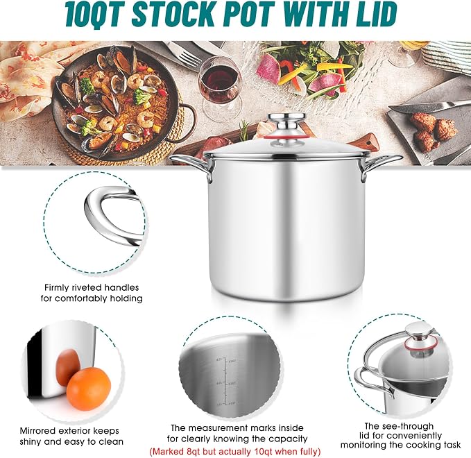 TeamFar 10 Quart Stock Pot, Stainless Steel Tri-ply Large Stockpot Pasta Soup - Image 3