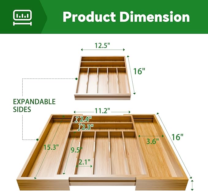 Simple Trending Bamboo Kitchen Drawer Organizer, Expandable Silverware Organizer - Image 2