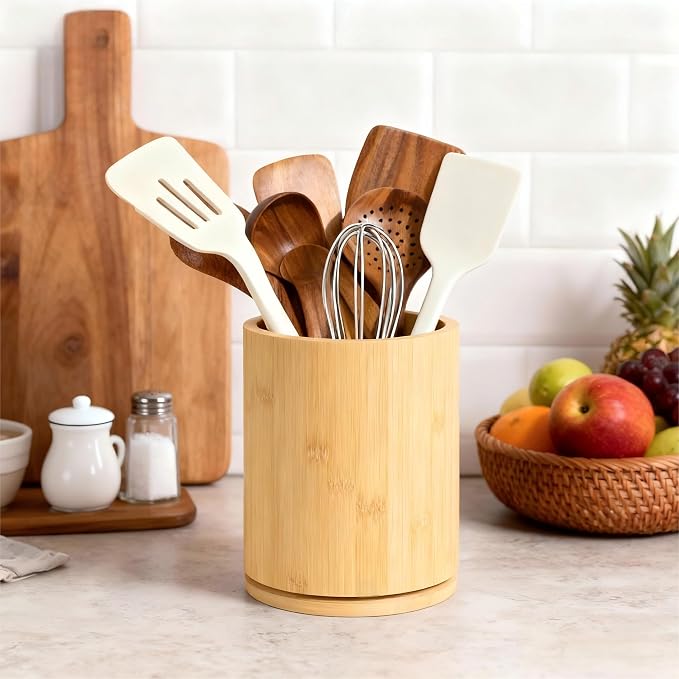 Wooden Utensil Holder, 360°Rotating 7.3'' Large Utensil Holder - Image 8
