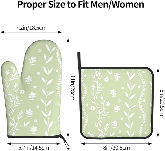 Sage Green Oven Mitt Pot Holder Set Floral BBQ Cooking Gloves Farmhouse - Image 3