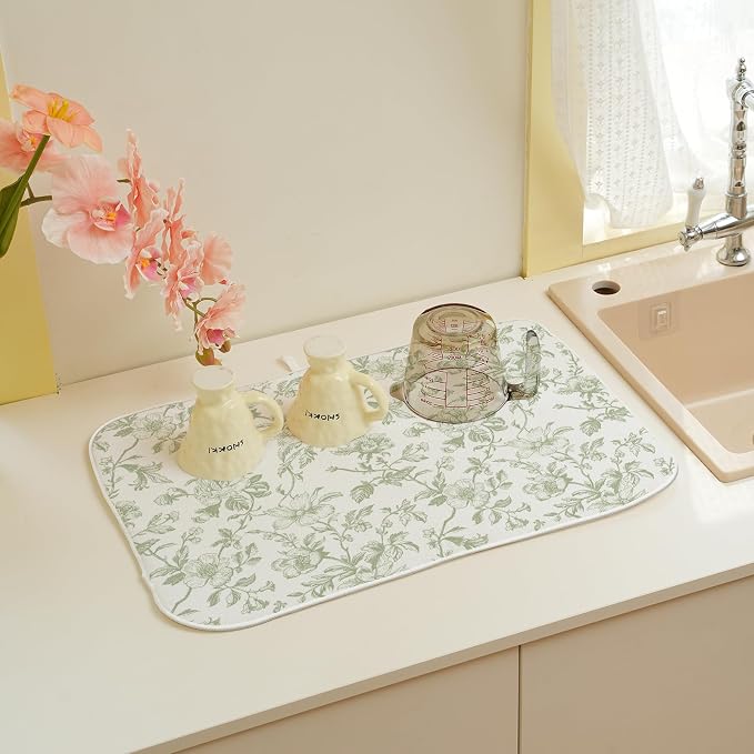 Sage Green Floral Dish Drying Mat 18 x 24 Inch Vintage Light Green Floral - Image 5