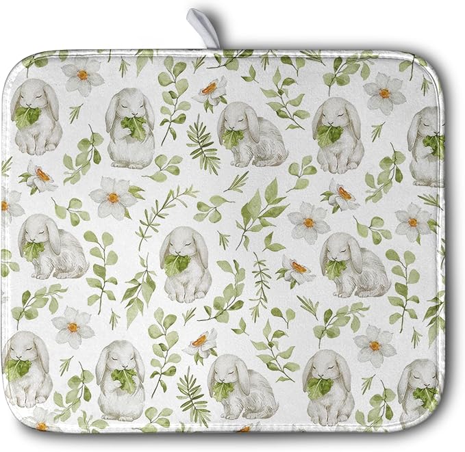 Easter Bunny Floral Drying Mat for Kitchen Counter Spring Easter Rabbits Green by Kwlegh
