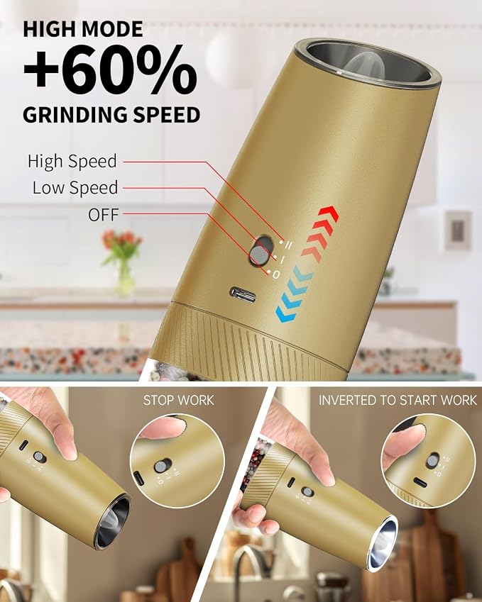 CIRCLE JOY 2-Speed Gravity Electric Pepper Grinder, Rechargeable Salt Grinder - Image 3