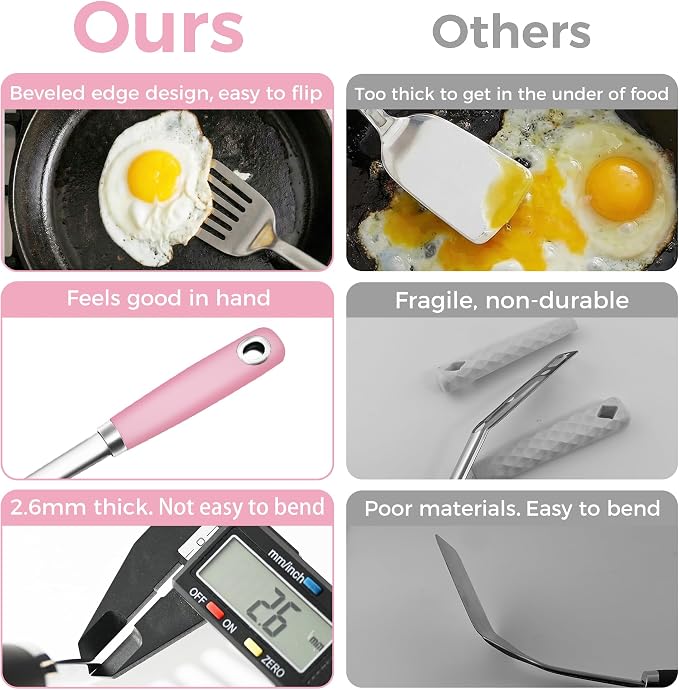 18/0 Stainless Steel Cooking Utensils Set, Heavy Duty Pink Handle - Image 2