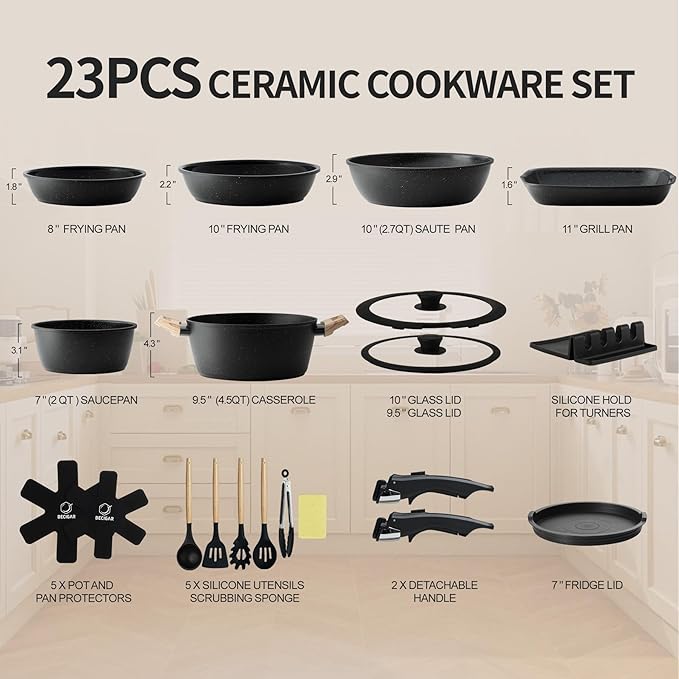 BECIGAR 23pcs Ceramic Pots and Pans Set, Nonstick Detachable Handle Cookware - Image 4