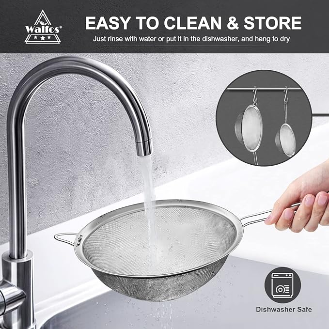 Walfos Extra Fine Mesh Strainer Set of 4-9.35", Stainless Steel 30 Mesh Sieve - Image 8