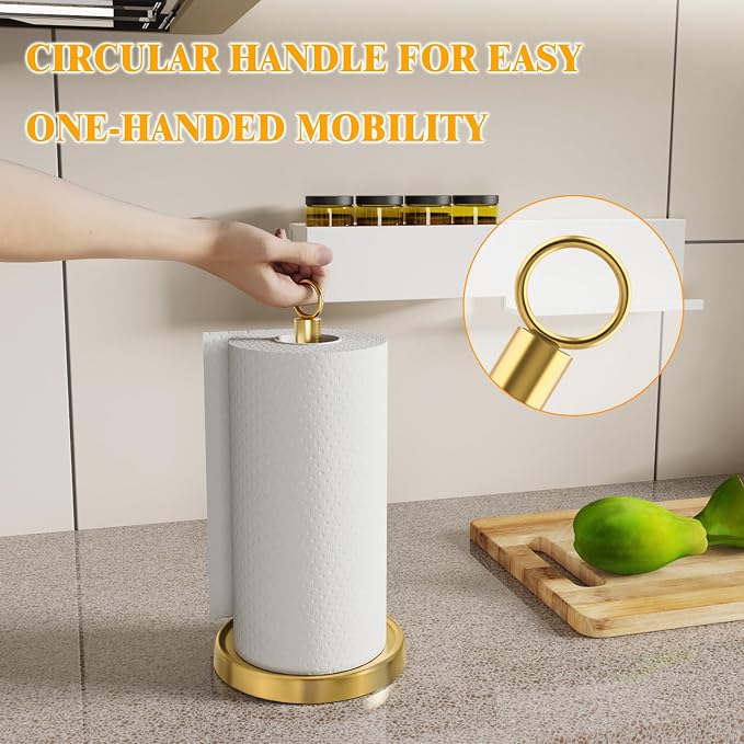 Gold Paper Towel Holder Countertop, One-Handed Tear, Stainless Steel, Weighted - Image 3
