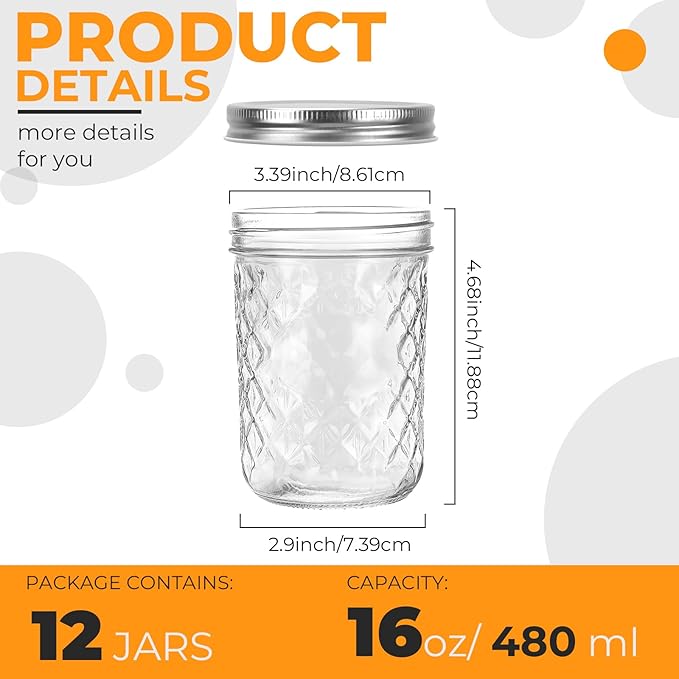 Eathtek 16oz Wide Mouth Glass Mason Jars 12 Pack, 480 ml Glass Canning Jars - Image 2