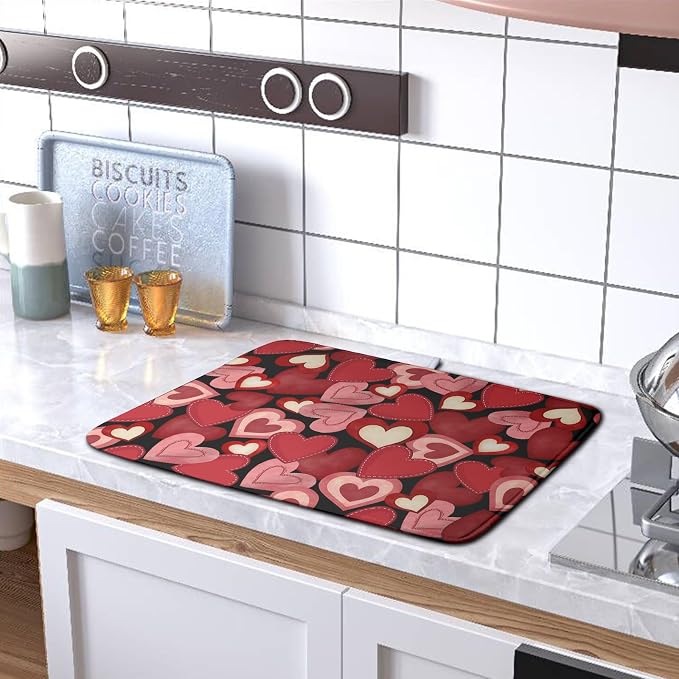 Valentine Dish Drying Mat for Kitchen Counter Red Black Love Heart Drying Pad - Image 5