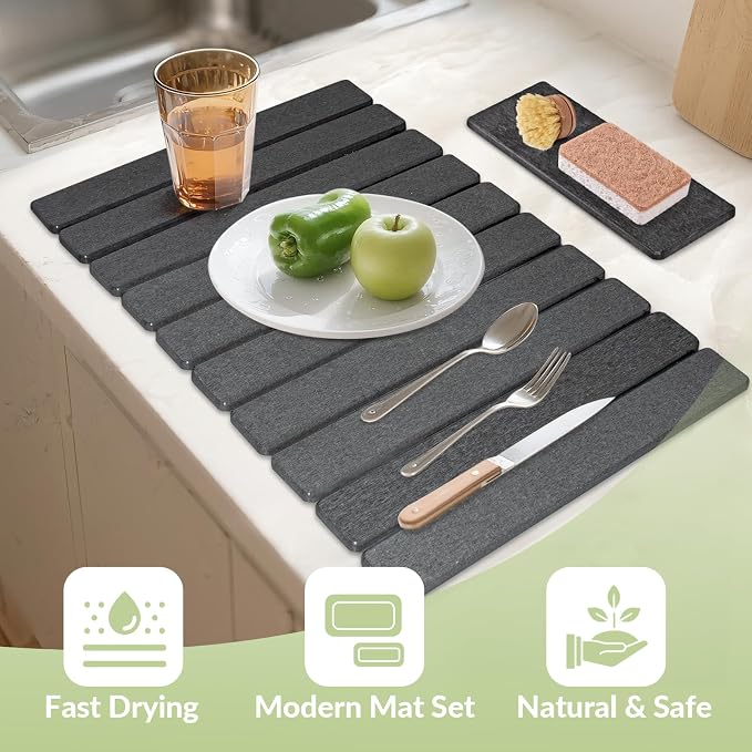 Large Stone Dish Drying Mat for Kitchen Counter, Foldable Fast-Drying - Image 2