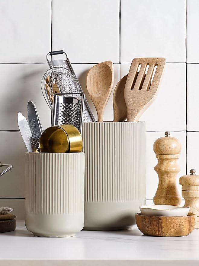 LE TAUCI Utensil Holder for Kitchen Counter, 7.3"+5.4" Fluted Ceramic Utensil - Image 3