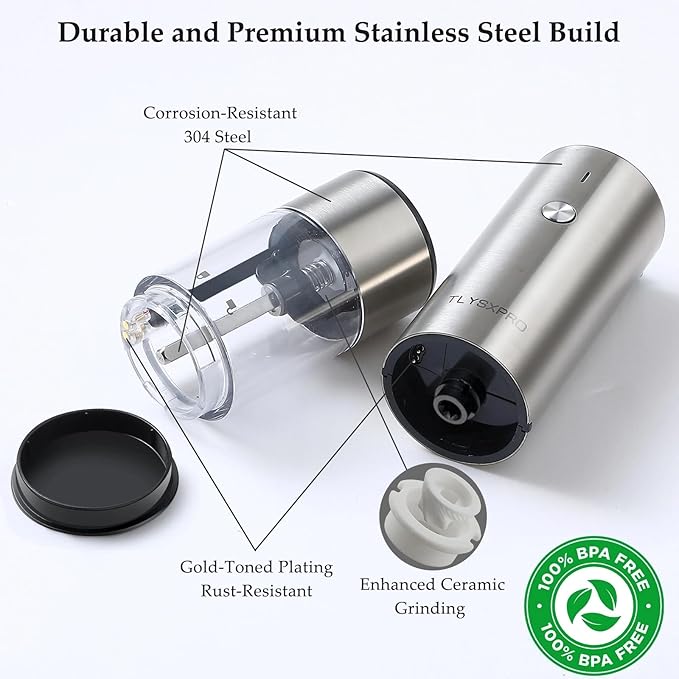 Electric Salt and Pepper Grinder Set, USB Rechargeable, Stainless Steel - Image 3