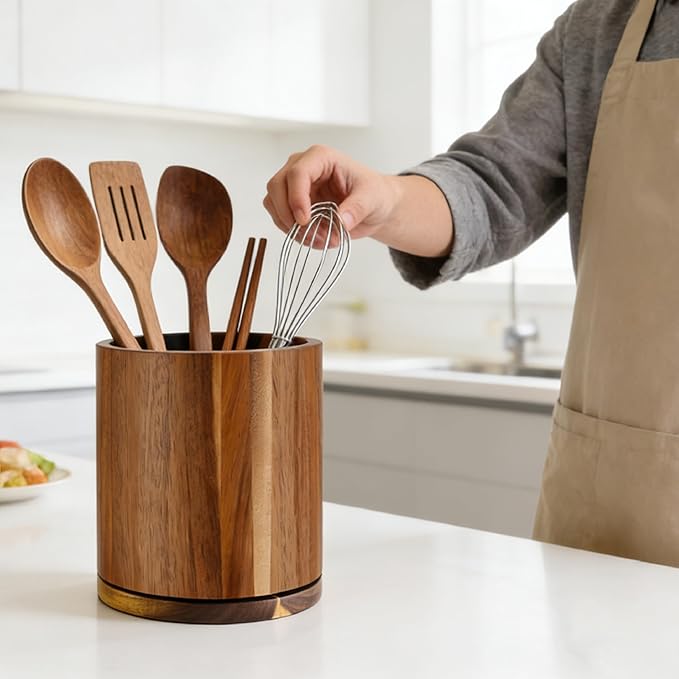 Acacia Wood Utensil Holder 360°Rotating Anti-Tip Design - Image 5