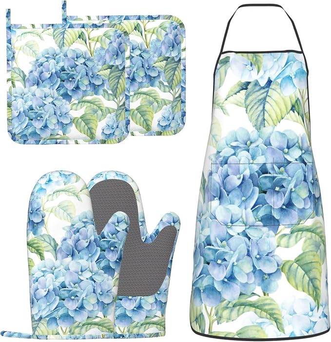Blue Hydrangea Flowers Watercolor Oven Mitts Pot Holders Cooking Apron Set of 5 by Unknown