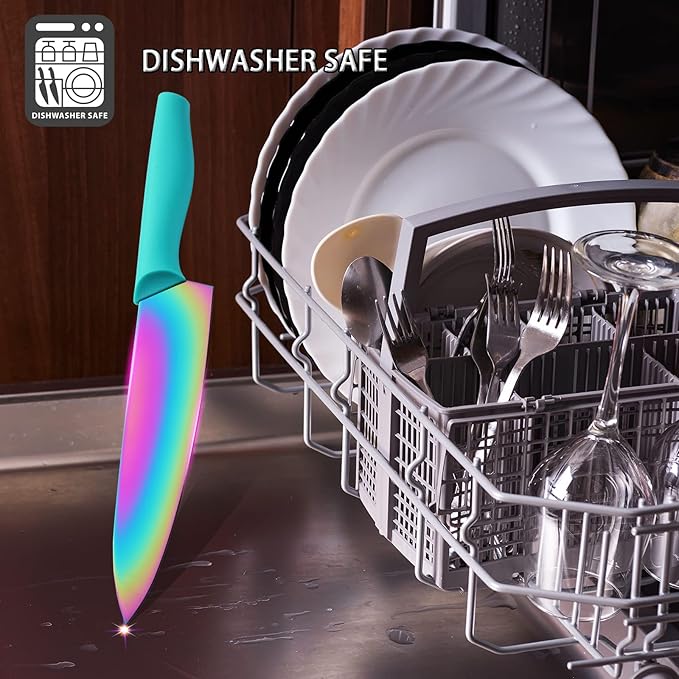 Marco Almond Kitchen Knife Set, KYA37 12-Piece Rainbow Titanium Stainless Steel - Image 5