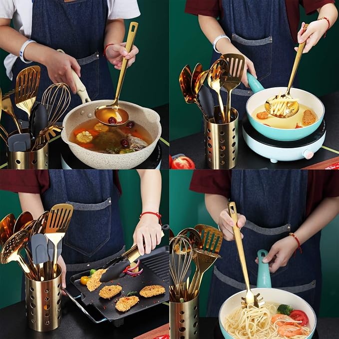 Gold Cooking Utensils Set, Berglander Stainless Steel 13 Pieces Kitchen - Image 2