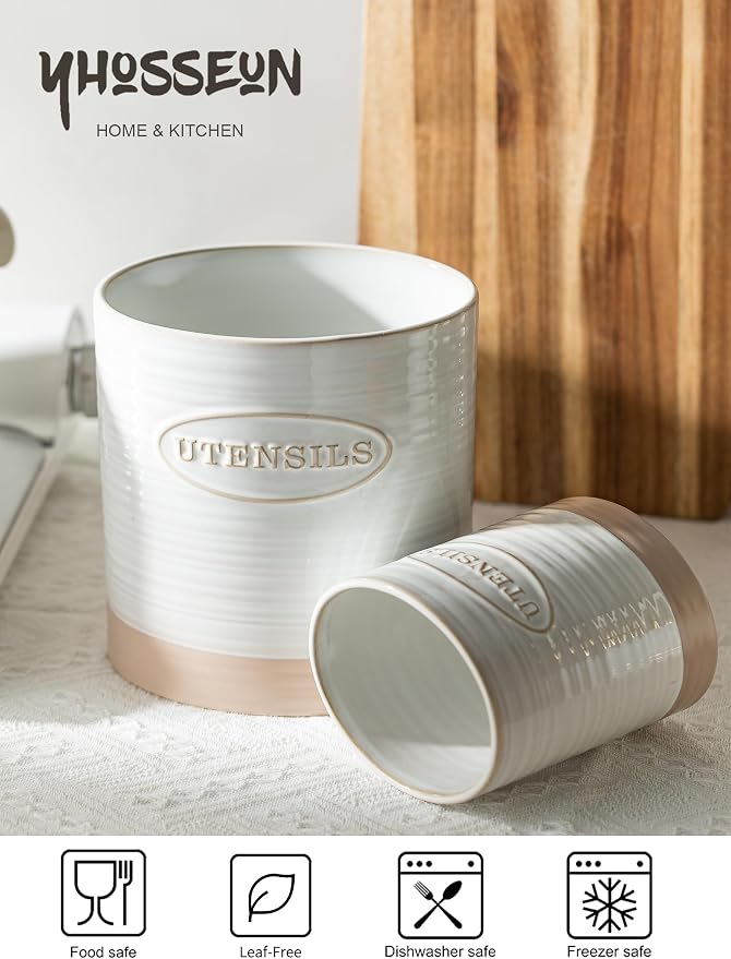 YHOSSEUN Utensil Holder Set of 2, Ceramic Utensil Holder - Image 4