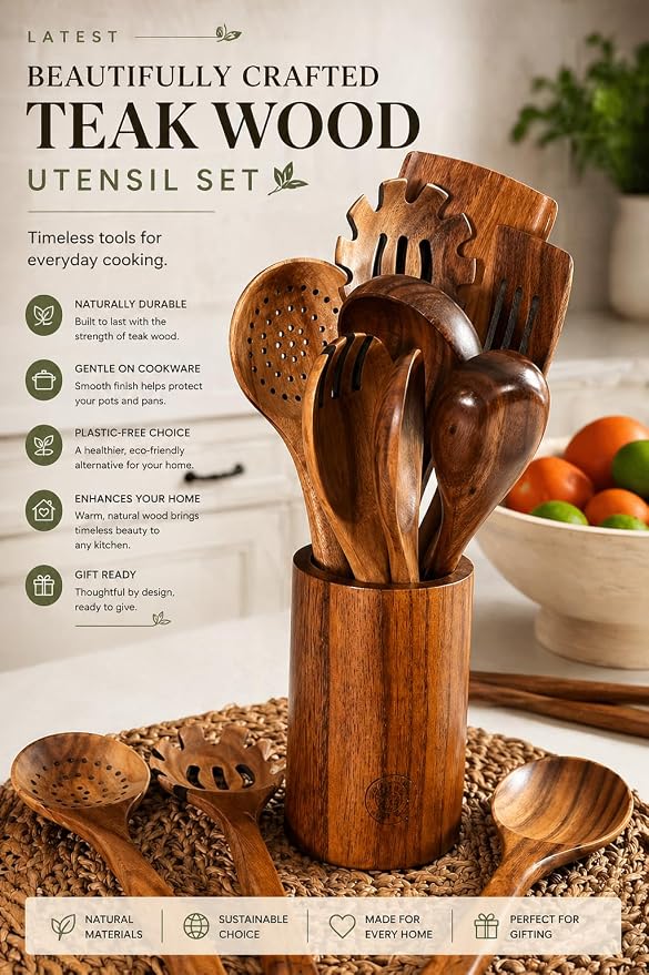 Wooden Cooking Utensils Set – Coki Home 9-Piece Teak Wood Kitchen Utensils - Image 7
