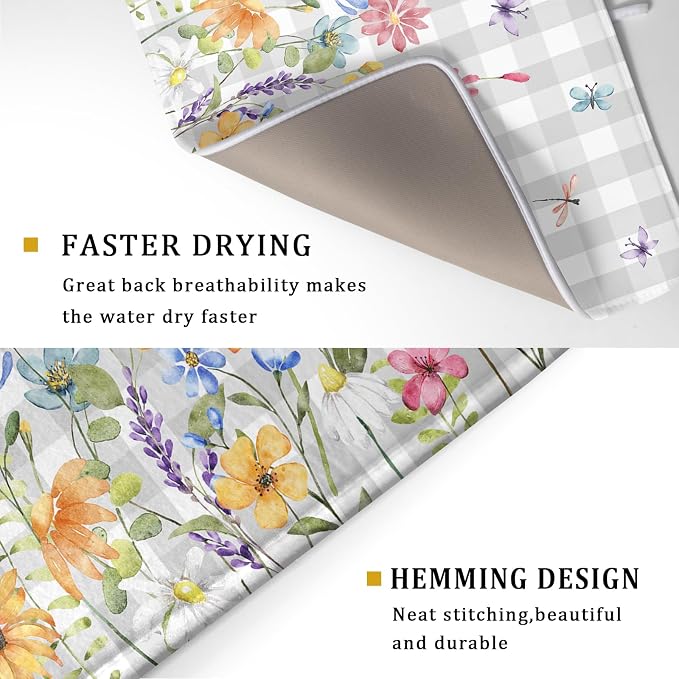 Giwawa Spring Floral Dish Drying Mat, Summer Flower Grey Buffalo Plaids Dish - Image 3