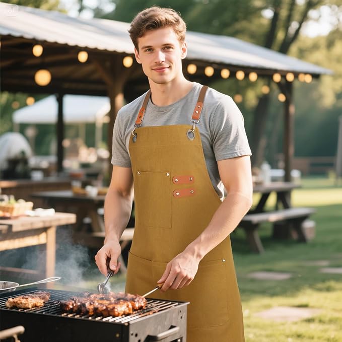 Chef Aprons for Men Women with Large Pockets, Cotton Canvas Water Repellent - Image 7