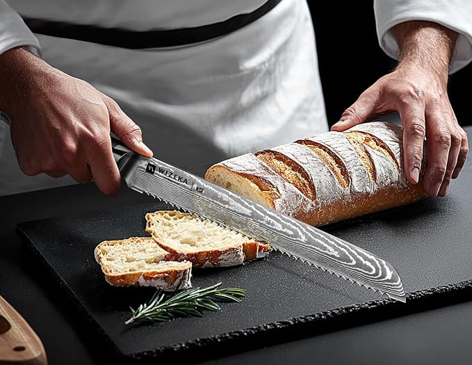 WIZEKA 10 inch Damascus Serrated Bread Knife - Image 6