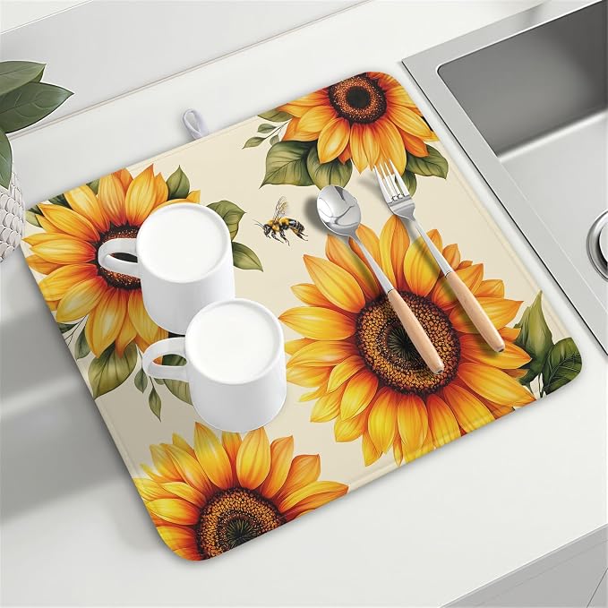 Spring Summer Dish Drying Mat 16x18 Inch Absorbent Reversible Sunflower Drying - Image 8