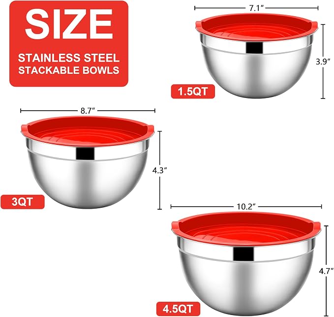 E-far Mixing Bowls with Lids, 6-Piece Stainless Steel Salad Bowls Metal Nesting - Image 2