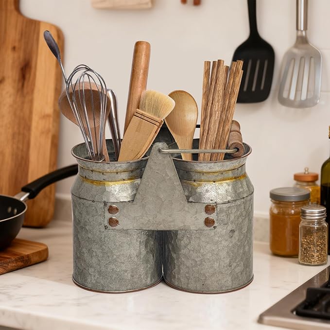 Set of 2 Rustic Galvanized Utensil Holders - Image 5