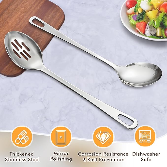 2 Pcs Stainless Steel Cooking Spoons Set, Solid & Slotted Metal Serving Spoons - Image 2