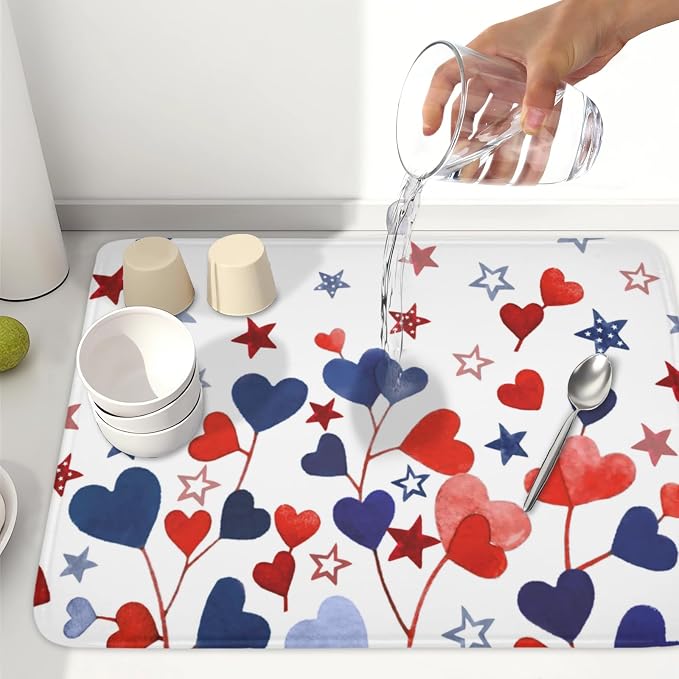 4th of July Dish Drying Mat for Kitchen Counter Patriotic Red Blue Star Love - Image 6