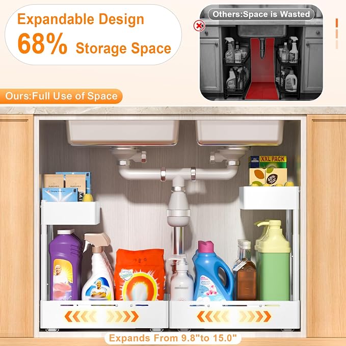 YJHome 2 Pack Expandable Under Sink Organizer, 2 Tier Pull Out Cabinet Organizer - Image 4
