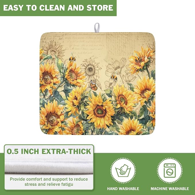Sunflower Dish Drying Mat for Kitchen Counter Vintage Yellow Sunflowers - Image 5